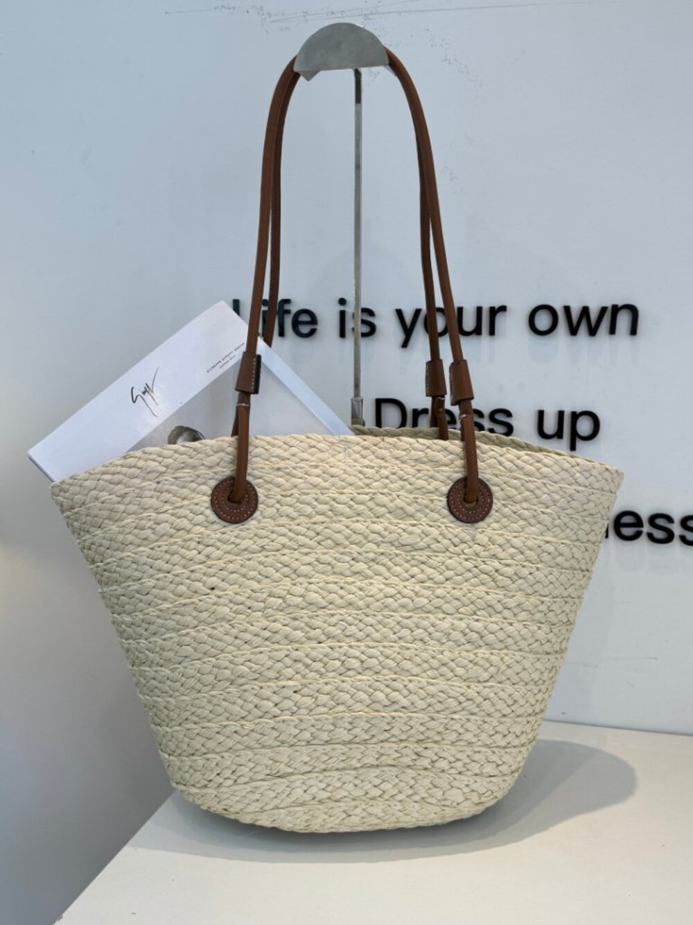 Loewe Natural Straw Tote with Brown Leather Handles and Purple Anagram - Picture 2 of 7
